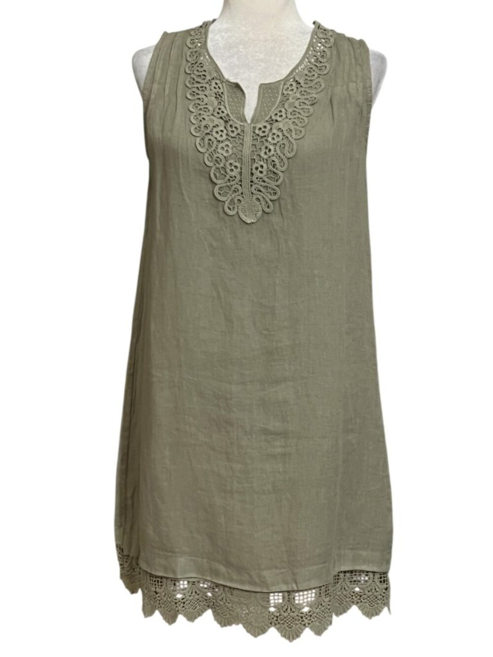 Carla Conti 100% Linen Dress Small Sage Green Lace Trim Sleeveless Italian - Picture 2 of 10